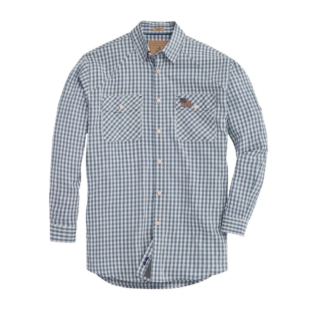 Onward Reserve Men's Blue White Vintage Flag Waterfront Fishing Shirt Large $128